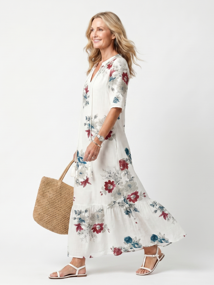 Maeva | Spridd Blommig Fringed Midi Klänning