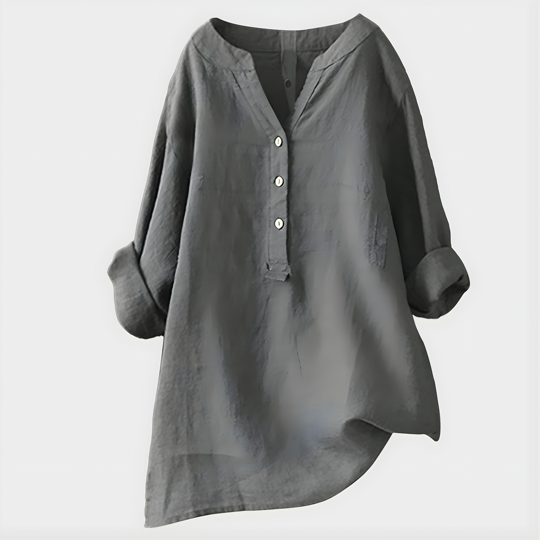 Veronique | Elegant Blus i Bomull-Linne med V-Hals