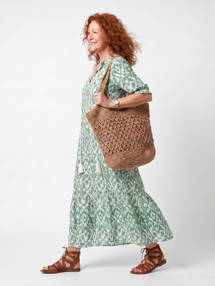 Ilara | Mönstrad V-ringad Tassel Midi Klänning
