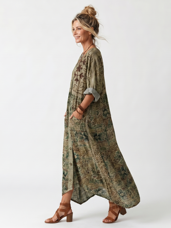 Aleta | Broderad Oversized Midi Klänning med Knappfront och Fickor