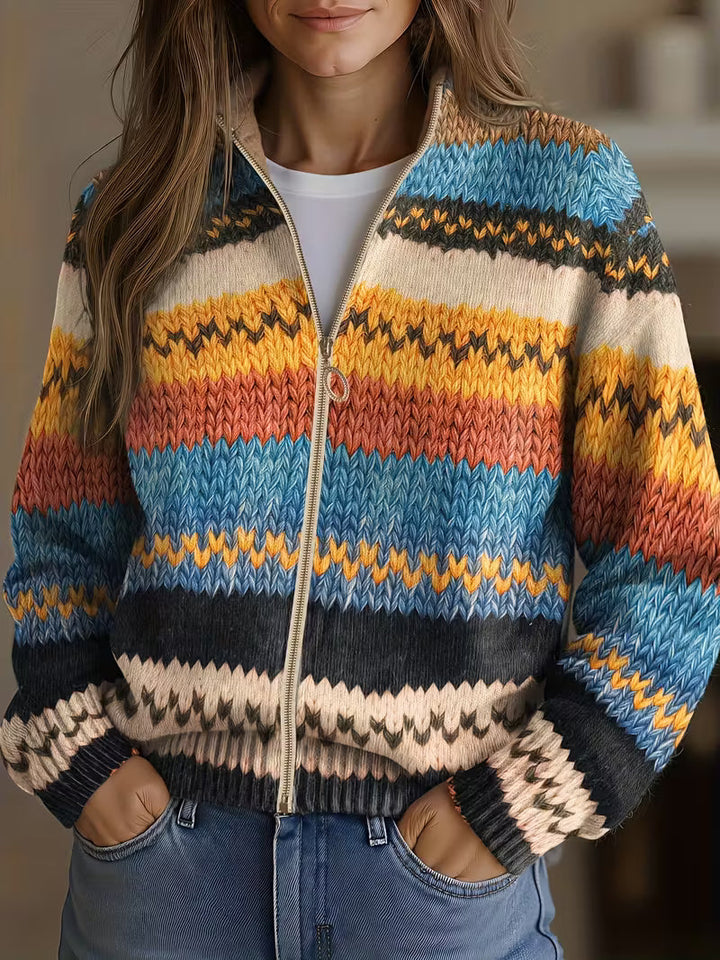 Yseult | Flerfärgad Zigzag Randig Stickad Cardigan