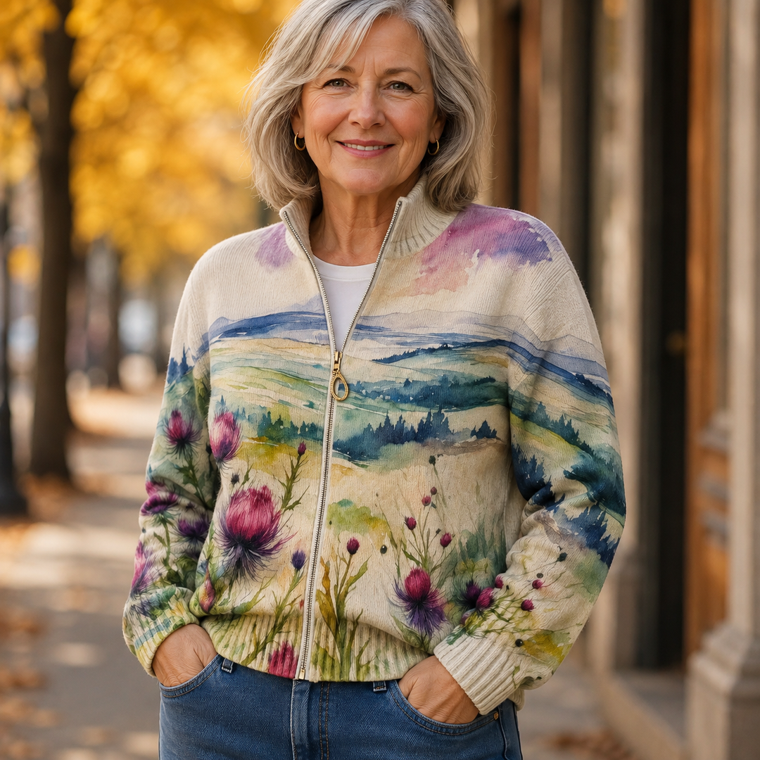 Zelda | Skotsk Tistel Landskap Zip Cardigan