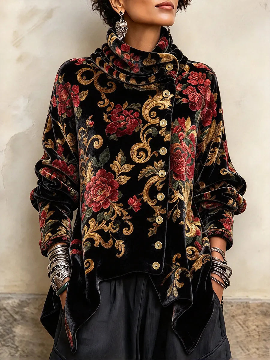 Gunnhild – vintagekofta med blommigt tryck och draperad hög krage