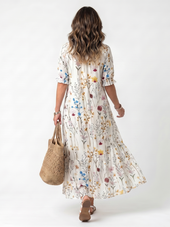 Sylvie | Botanisk Tryck Fringed Midi Klänning