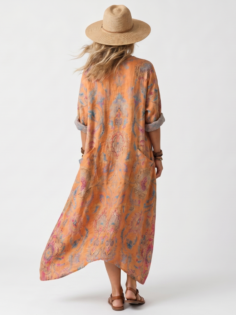 Remi | Notch Neck Printed Oversized Pocket Midi Klänning