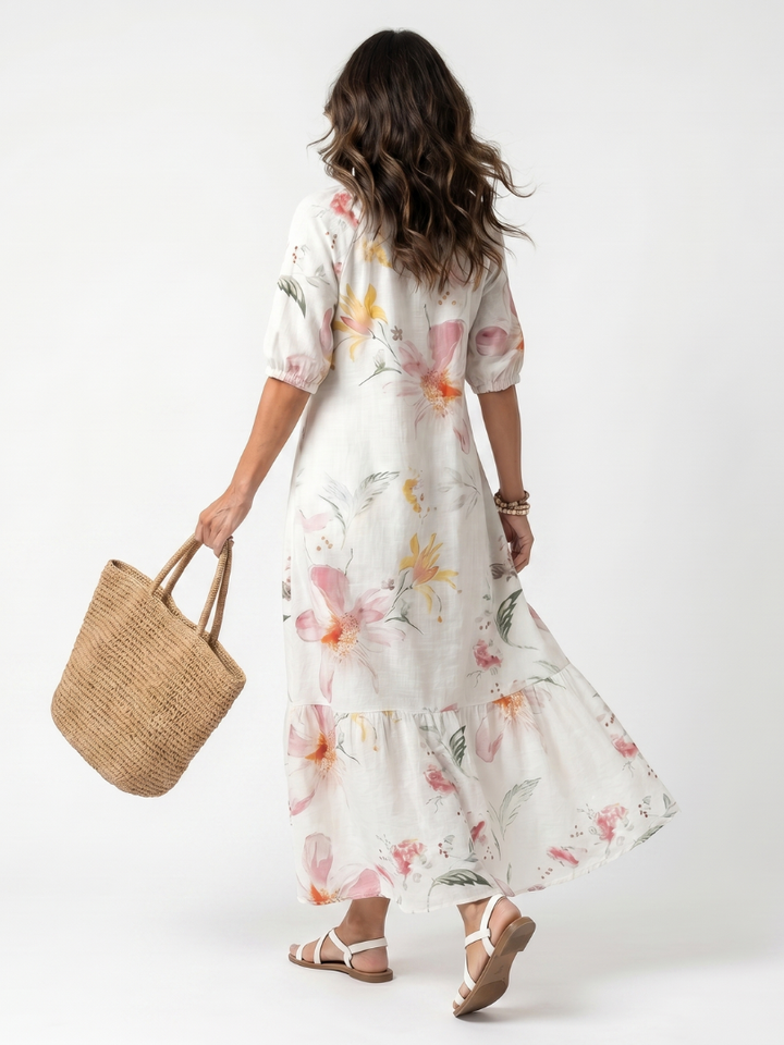 Noa | Mjuk Blommig Lager Tassel Midi Klänning