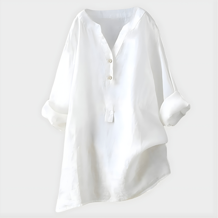 Veronique | Elegant Blus i Bomull-Linne med V-Hals