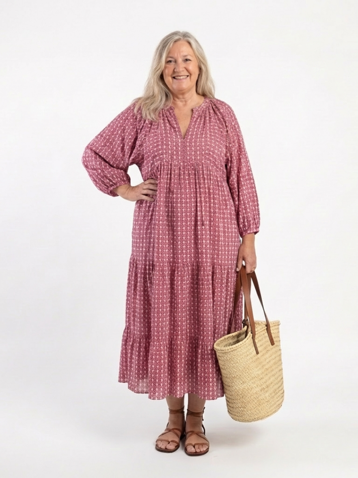 Arlette | Geometrisk Mönster Långärmad Midi Klänning