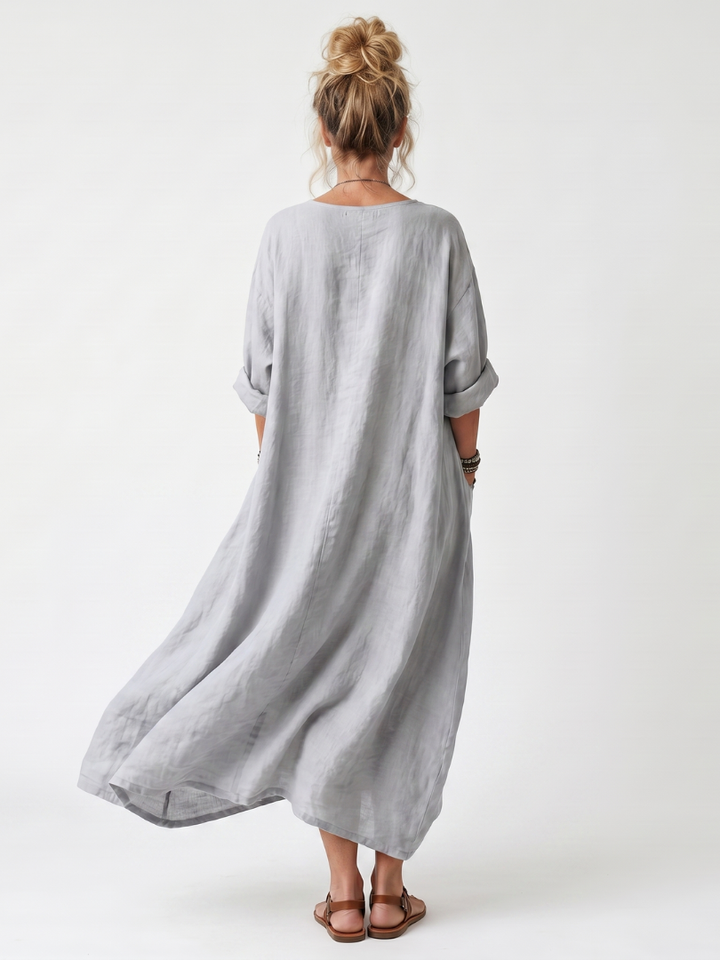 Raina | Kontrastpanel Broderad Oversized Fick Midi Klänning