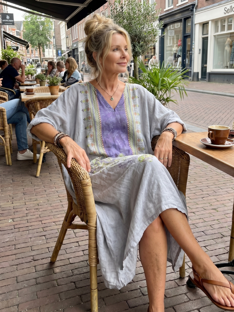 Raina | Kontrastpanel Broderad Oversized Fick Midi Klänning