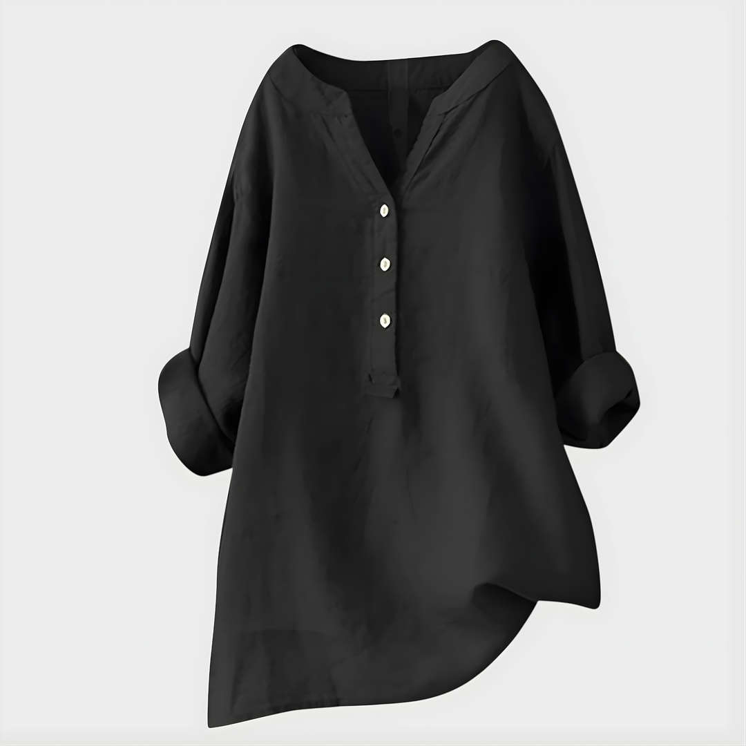 Veronique | Elegant Blus i Bomull-Linne med V-Hals