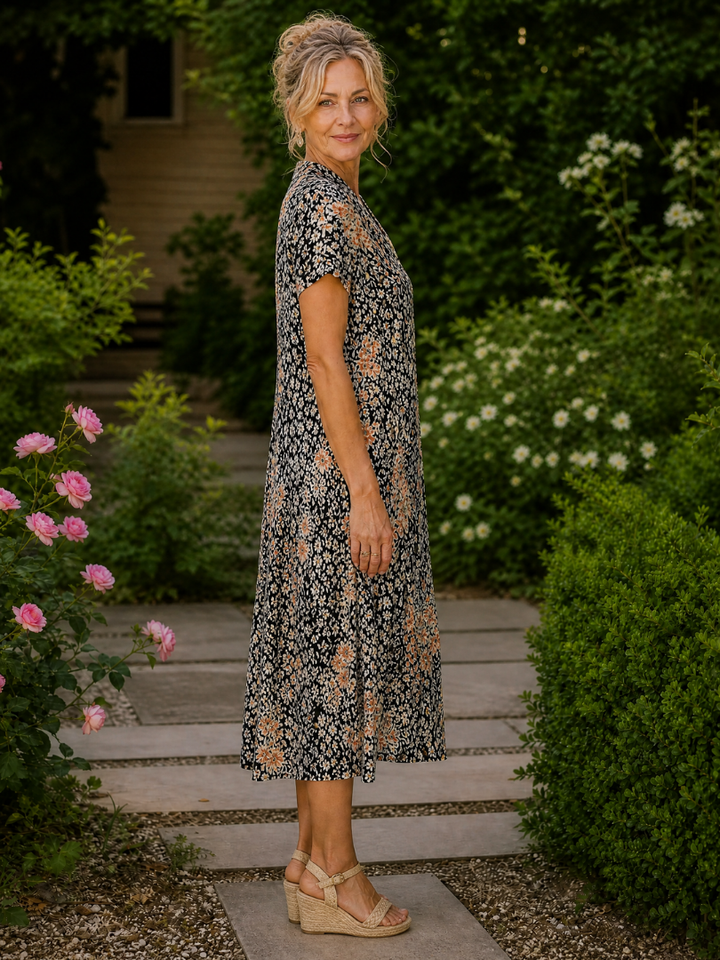 Ellinor  | Blommig Krage Kortärmad Midiklänning