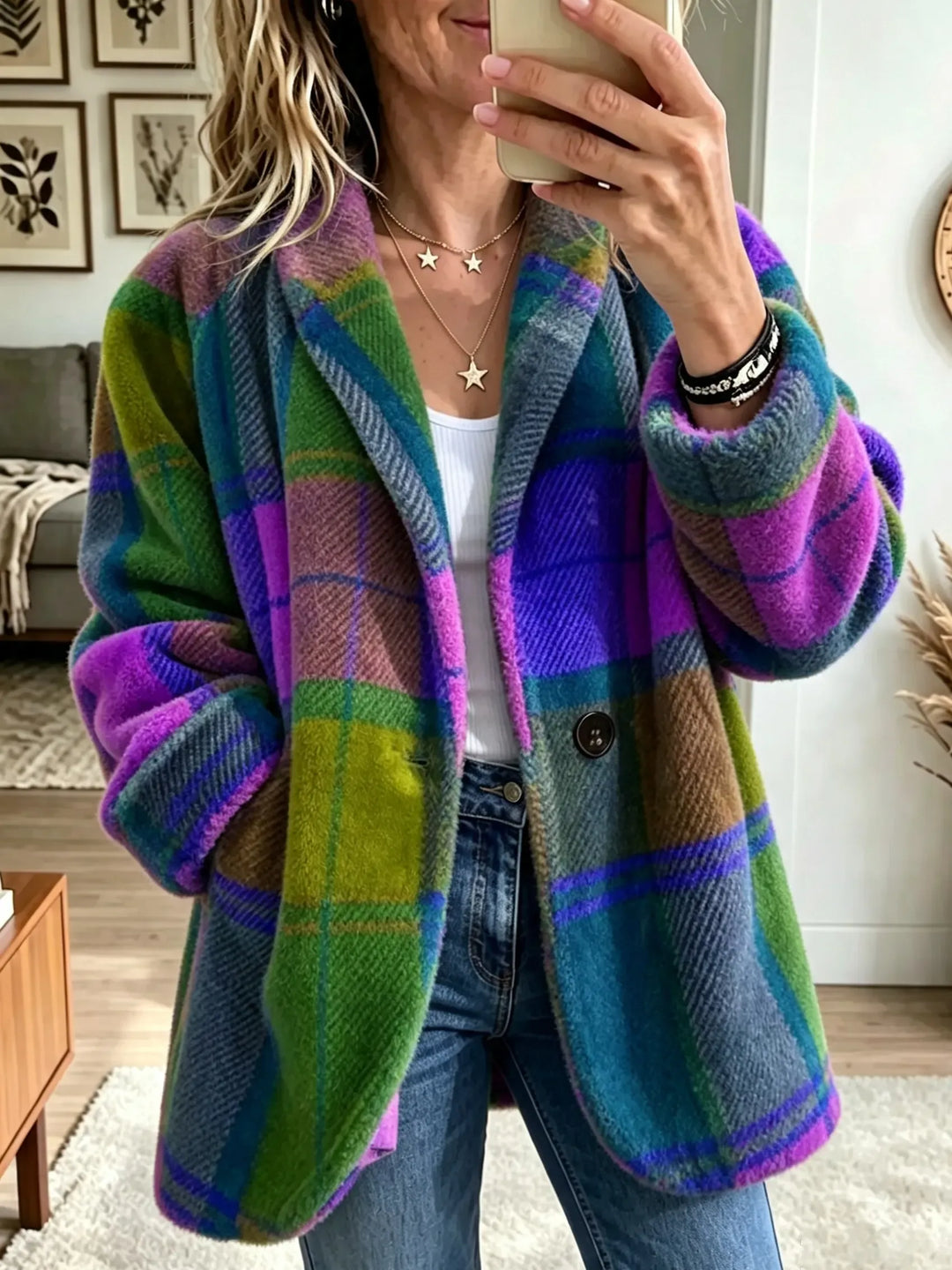 Paulette | Livlig Rutig Fuzzy Fleecejacka