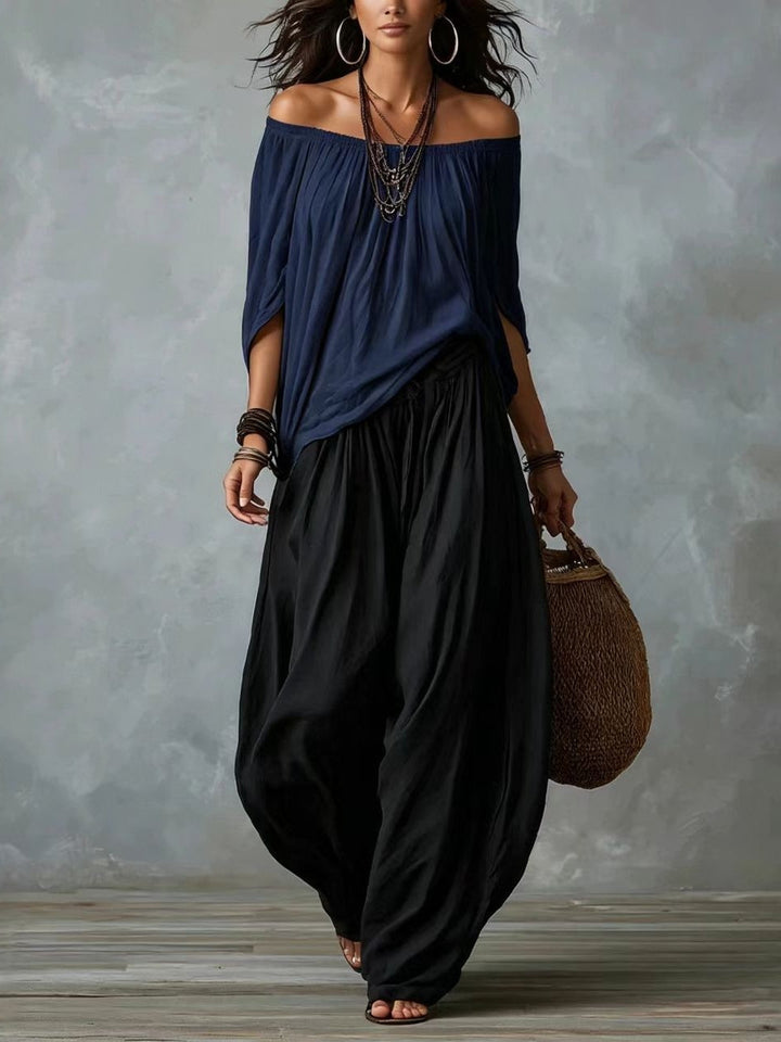 Ella | Top Vit Off-the-shoulder och Vida Lykta Byxor Set