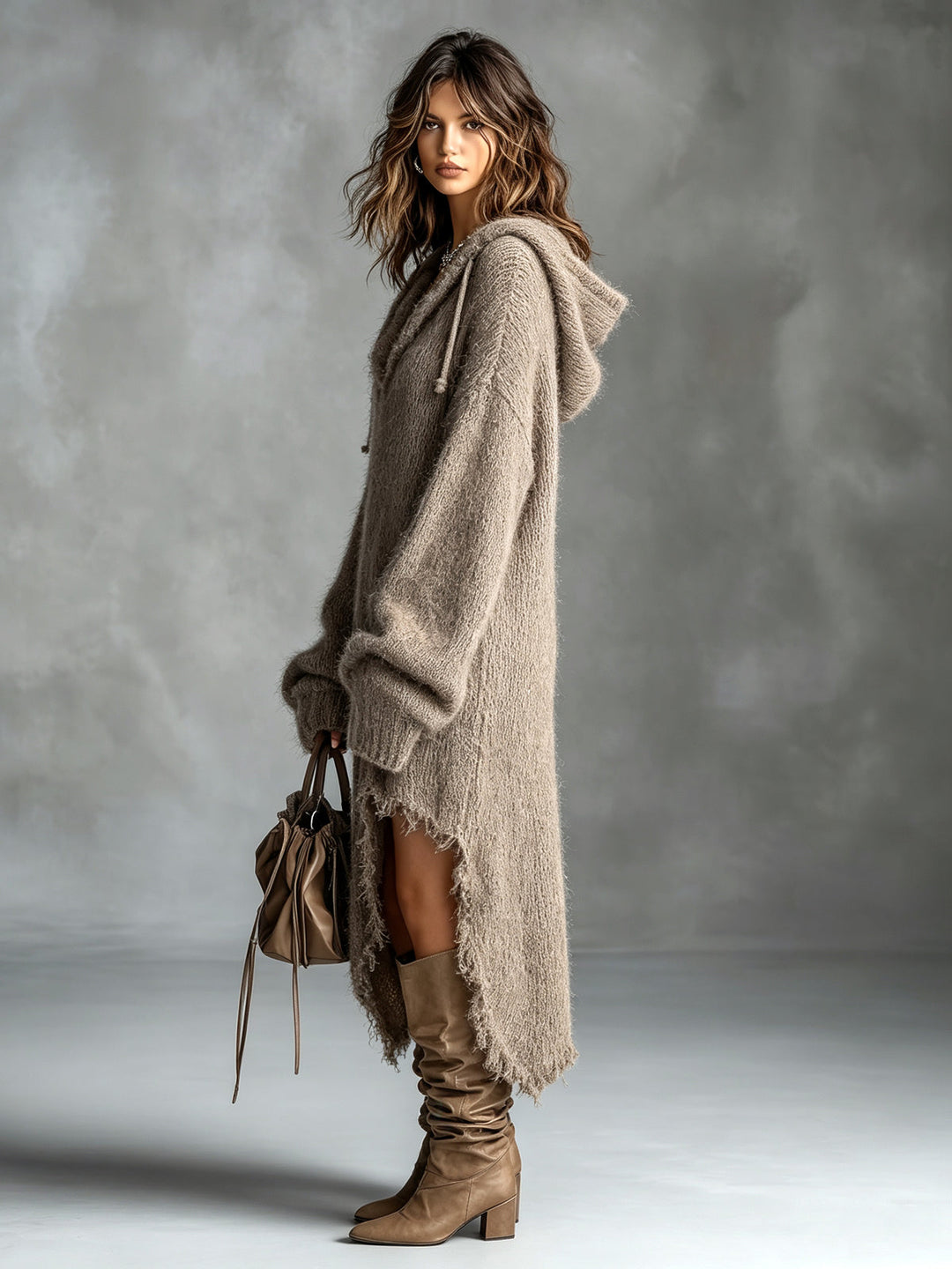 Astrid | Chic Elegant Brun Huva-Krage Dropped Shoulder Långärmad Asymmetrisk Söm Råkant Detalj Oversize Fuzzy Stickad Midi Klänning