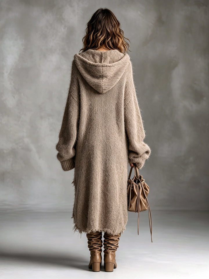 Astrid | Chic Elegant Brun Huva-Krage Dropped Shoulder Långärmad Asymmetrisk Söm Råkant Detalj Oversize Fuzzy Stickad Midi Klänning