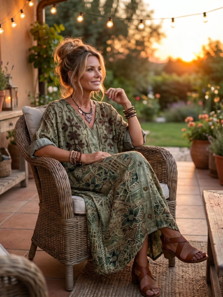 Aleta | Broderad Oversized Midi Klänning med Knappfront och Fickor