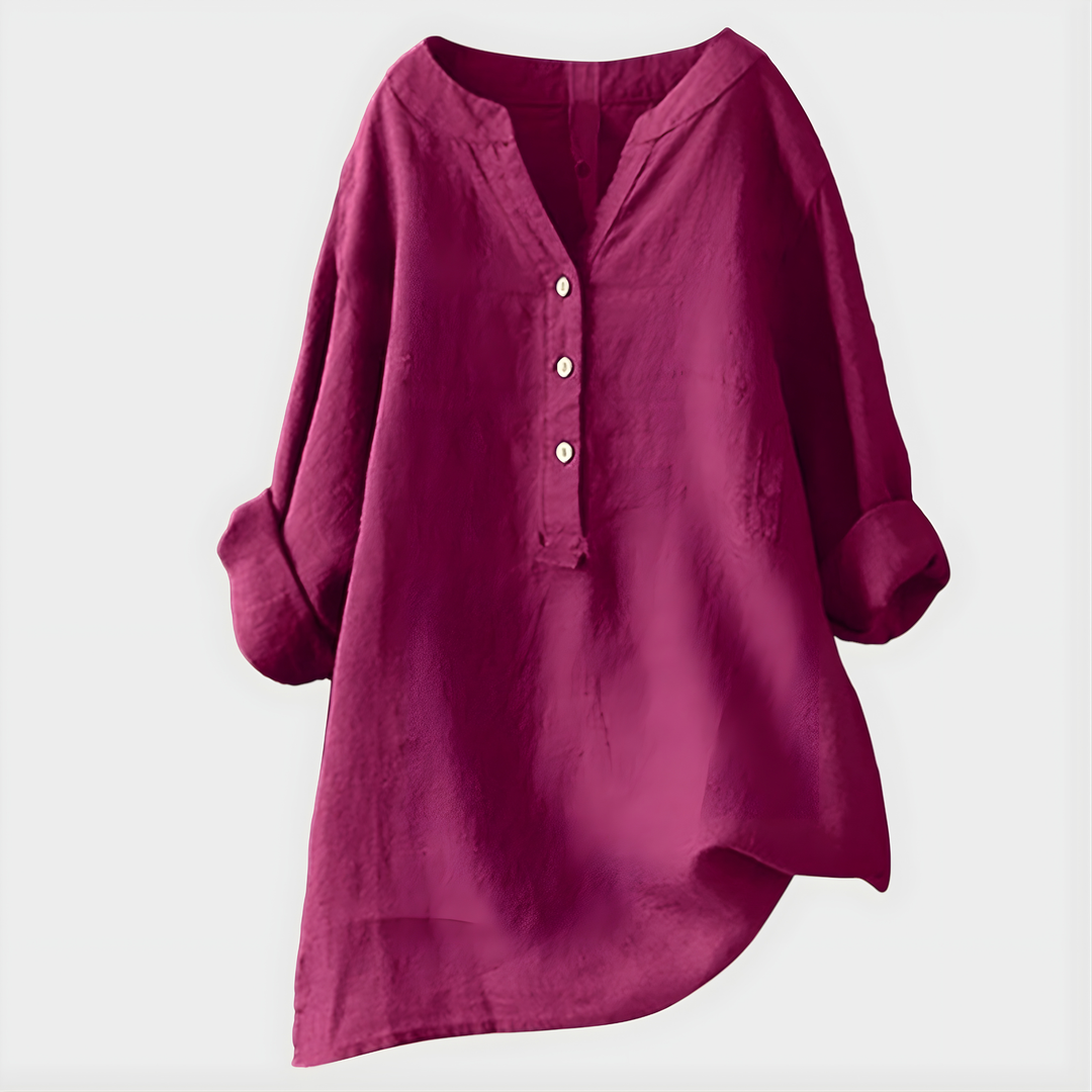 Veronique | Elegant Blus i Bomull-Linne med V-Hals