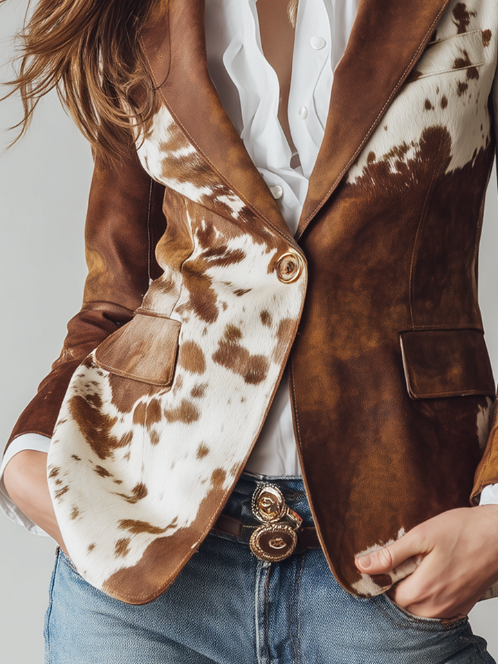 Detaljbild på knapp och fickor på Inger blazer