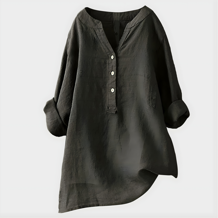 Veronique | Elegant Blus i Bomull-Linne med V-Hals