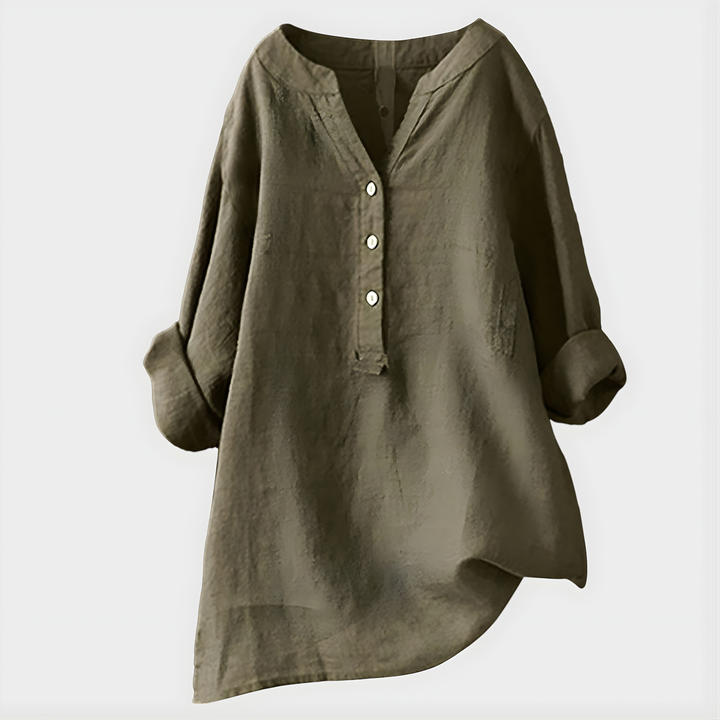 Veronique | Elegant Blus i Bomull-Linne med V-Hals