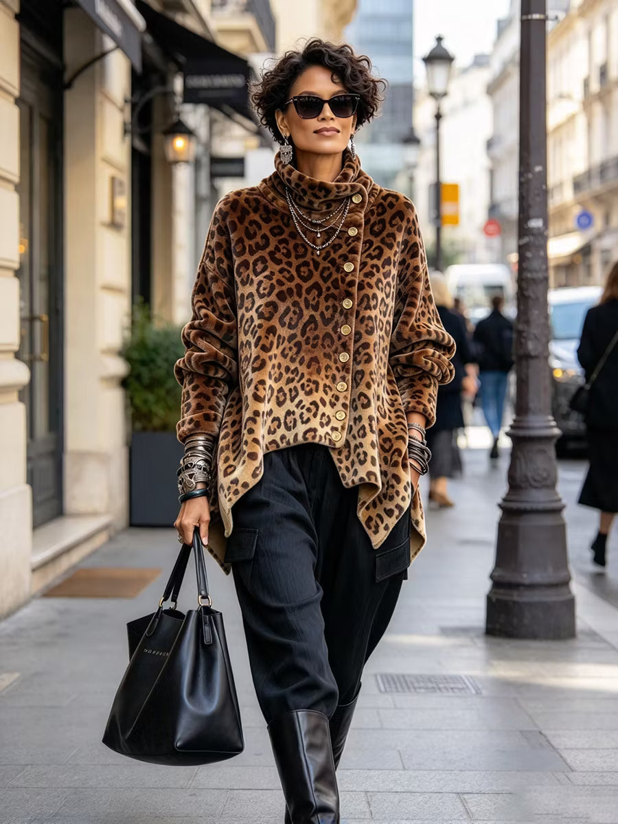 Marit – leopardmönstrad tröja med knappar, stylad med svarta byxor