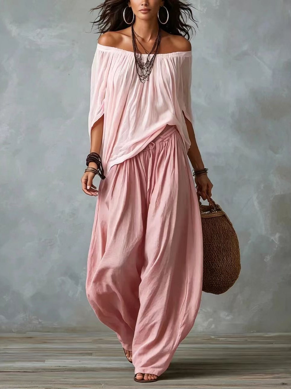 Ella | Top Vit Off-the-shoulder och Vida Lykta Byxor Set