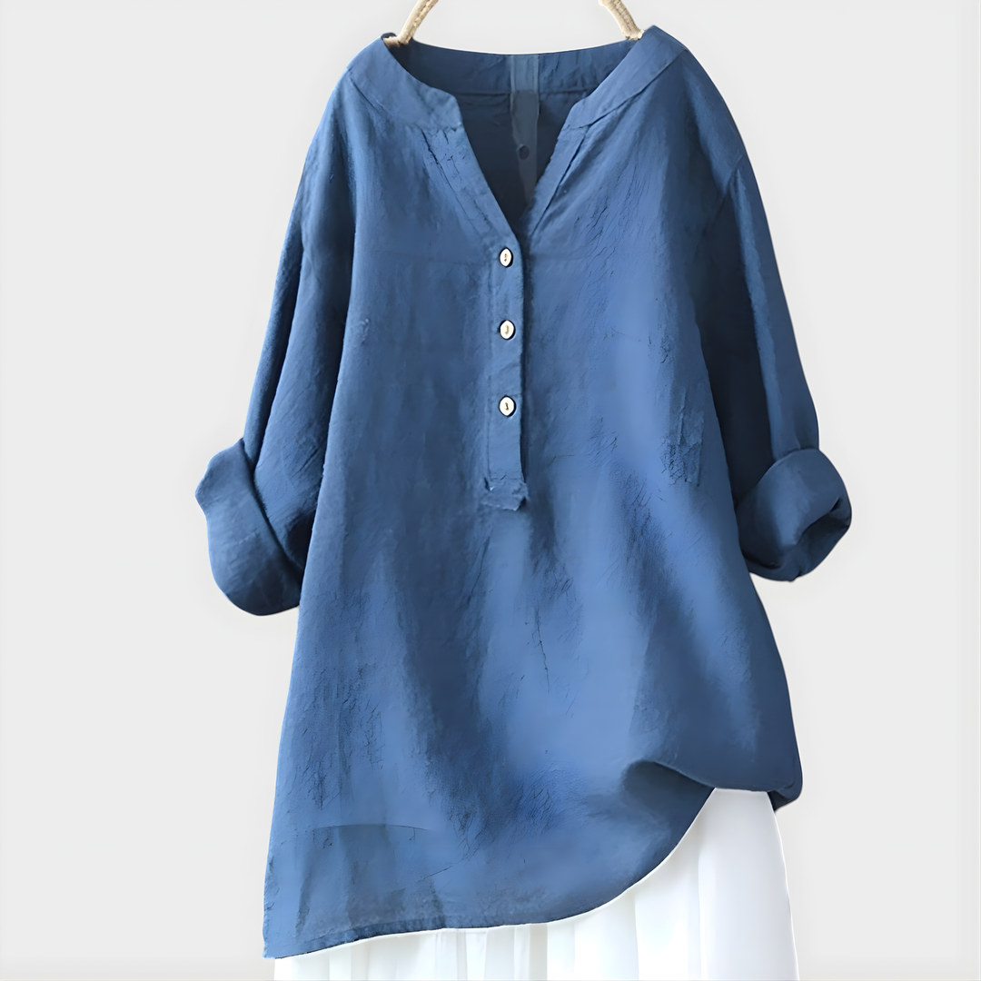 Veronique | Elegant Blus i Bomull-Linne med V-Hals