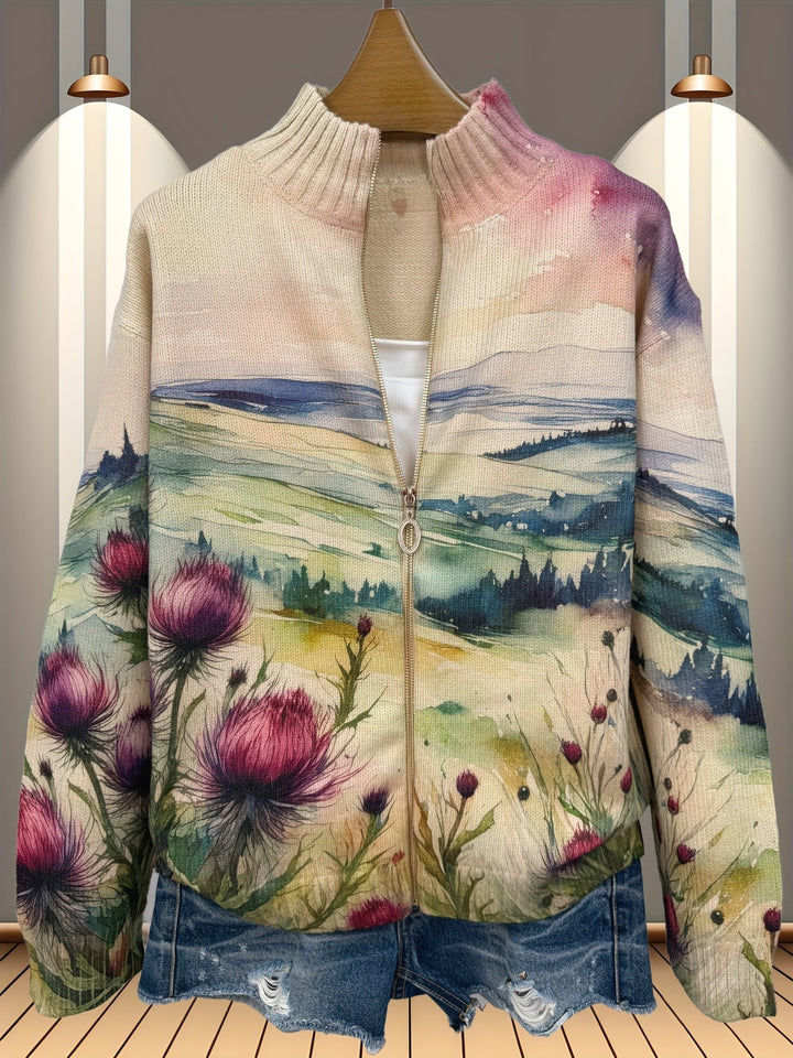 Zelda | Skotsk Tistel Landskap Zip Cardigan