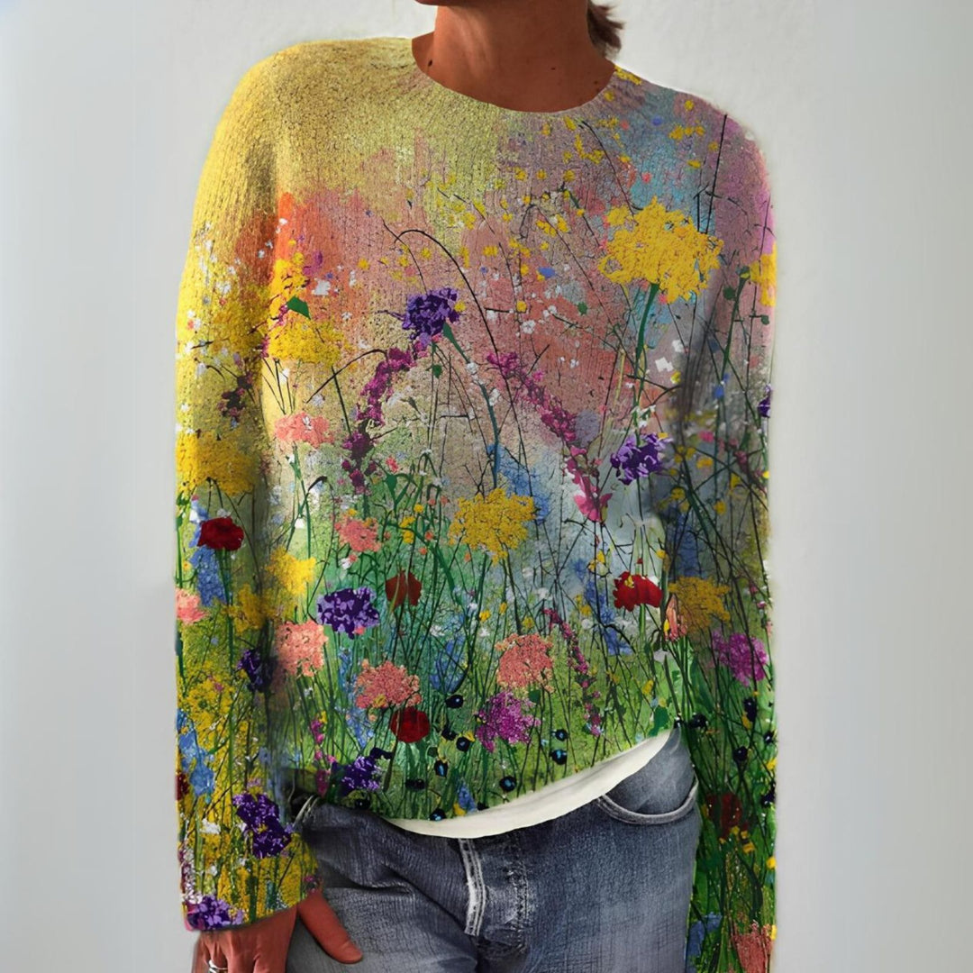 Agda – stickad tröja med färgglad blommig print