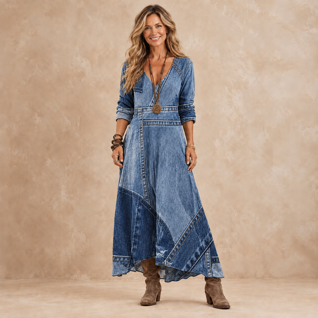 Klementina maxiklänning med denimlook och patchwork i blått