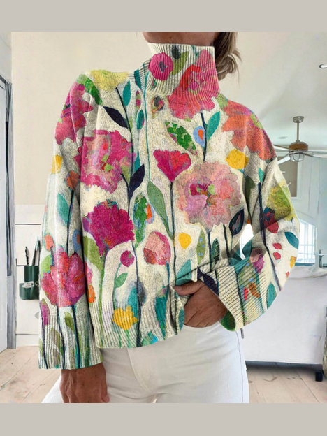 Irma mysig tröja med blommigt tryck och polokrage