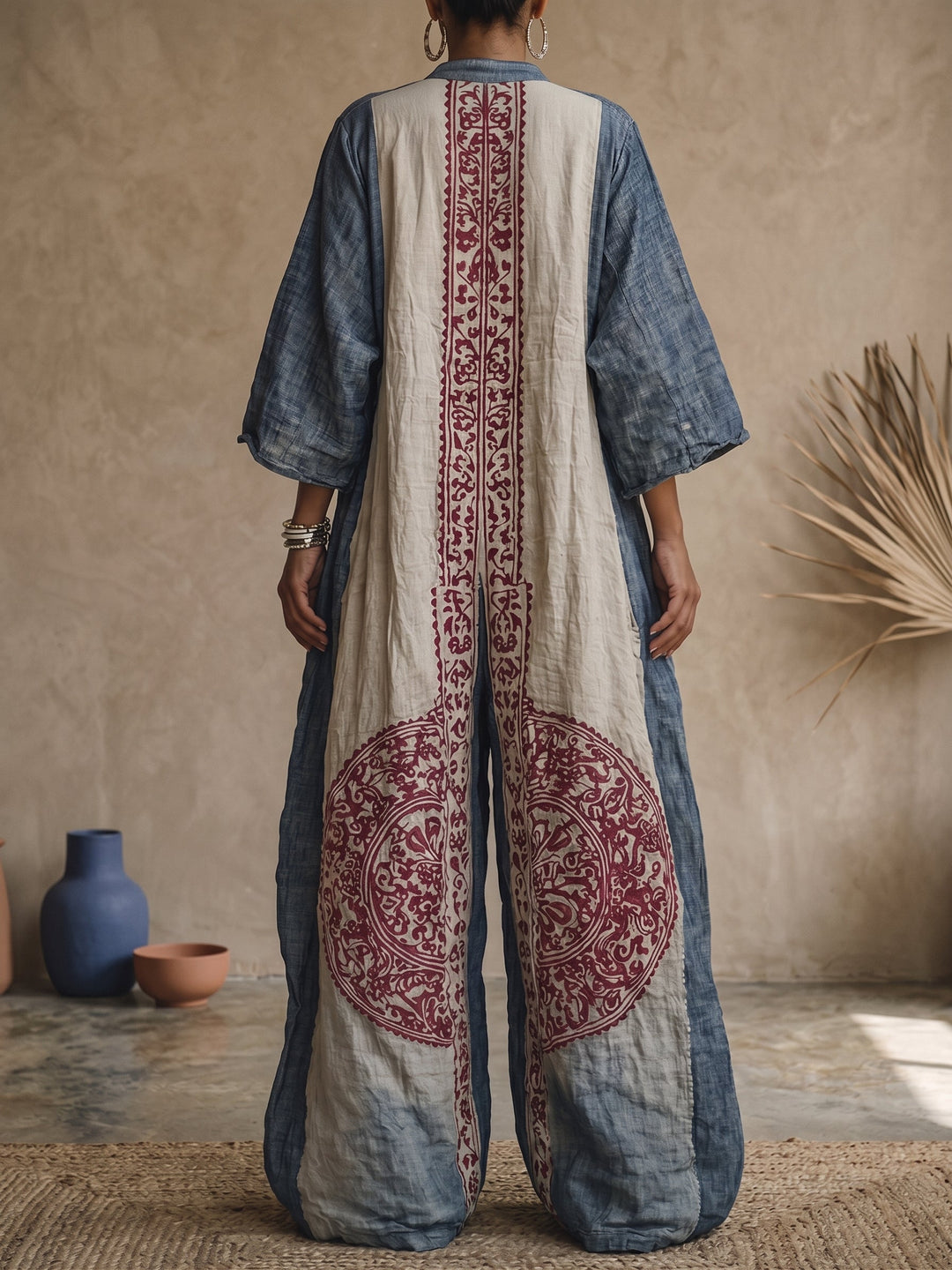Philippa | Vintage-tryck V-ringad 3/4-ärmad Jumpsuit