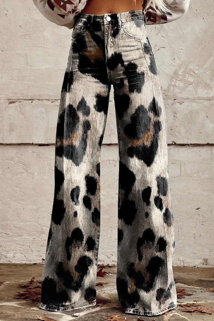Lisa | bohemiska byxor i cheetahmönster, avslappnad passform, beige, bomullsblandning