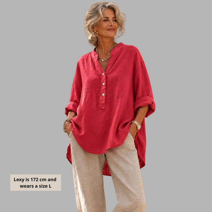 Veronique | Elegant Blus i Bomull-Linne med V-Hals