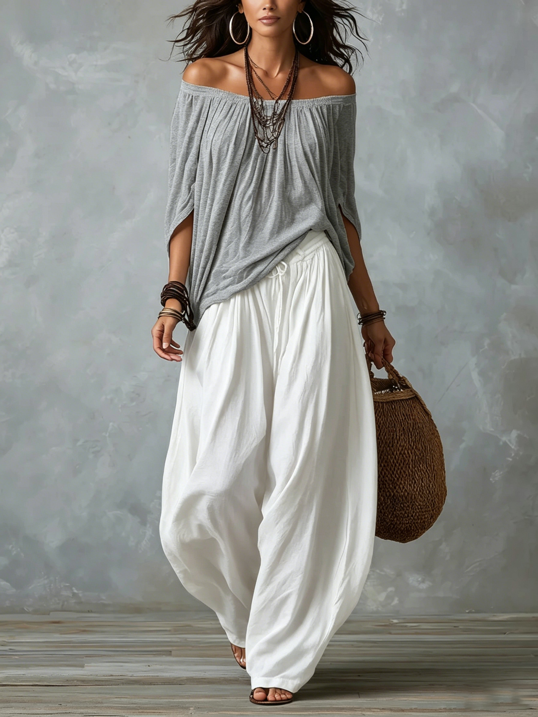 Wenna | Off-shoulder Topp Och Löst Passande Lanternbyxor Set