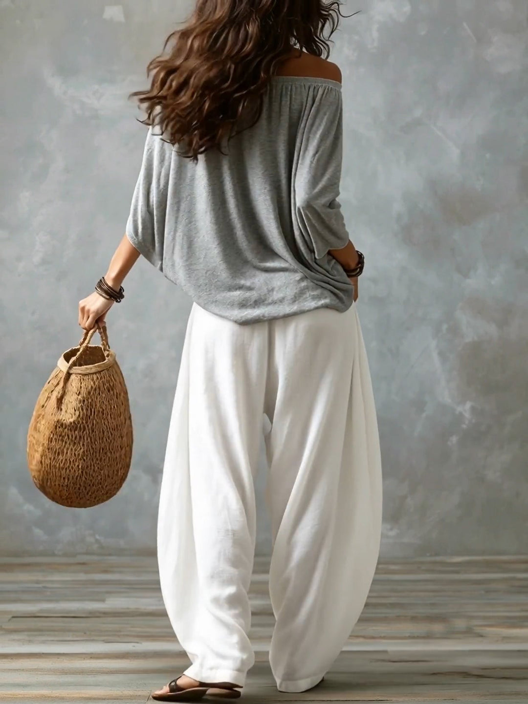 Ella | Top Vit Off-the-shoulder och Vida Lykta Byxor Set
