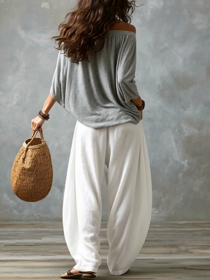 Ella | Top Vit Off-the-shoulder och Vida Lykta Byxor Set