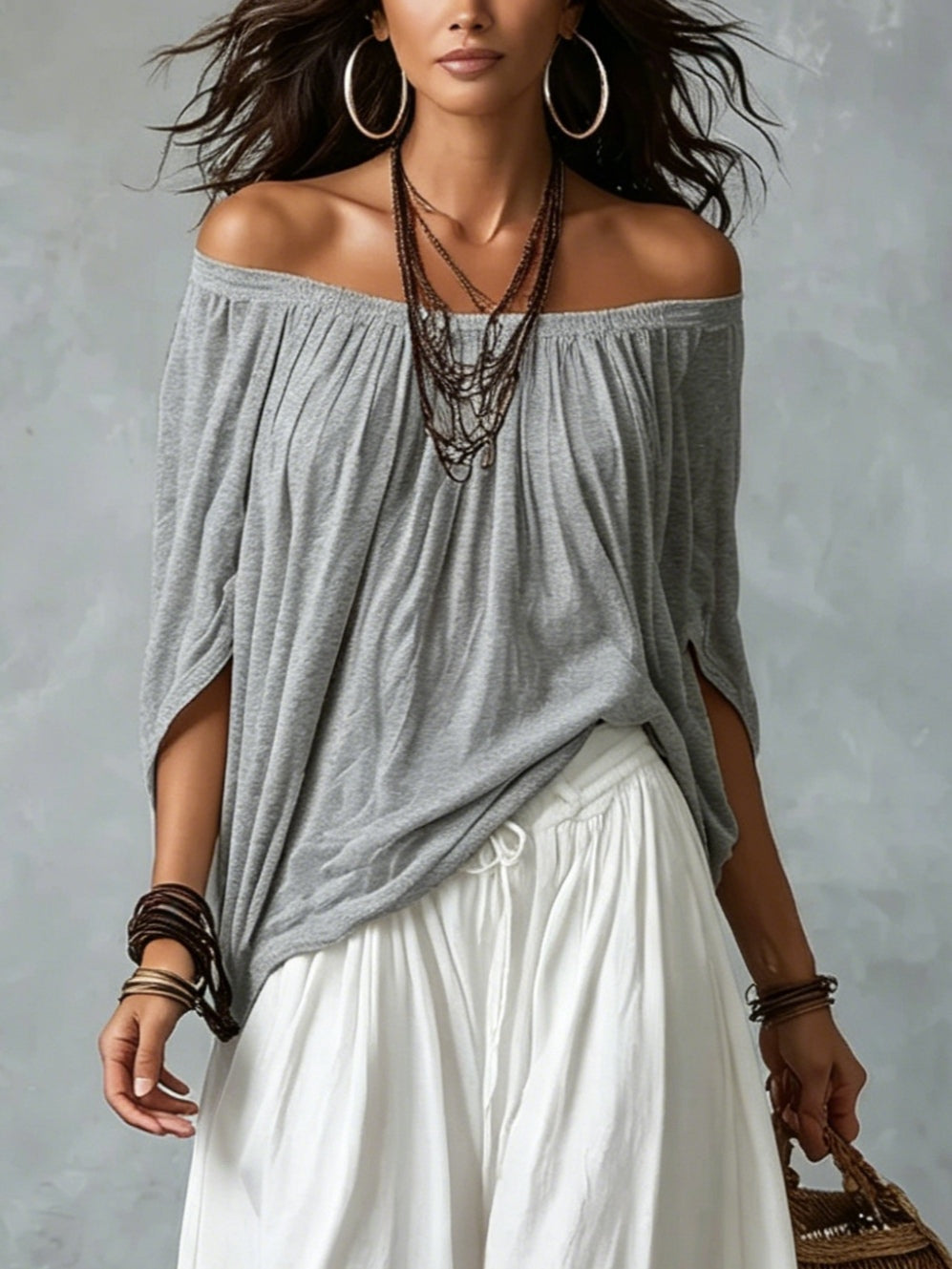 Ella | Top Vit Off-the-shoulder och Vida Lykta Byxor Set