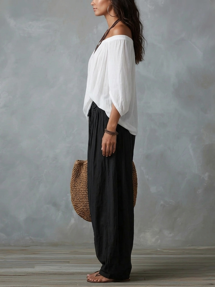 Ella | Top Vit Off-the-shoulder och Vida Lykta Byxor Set