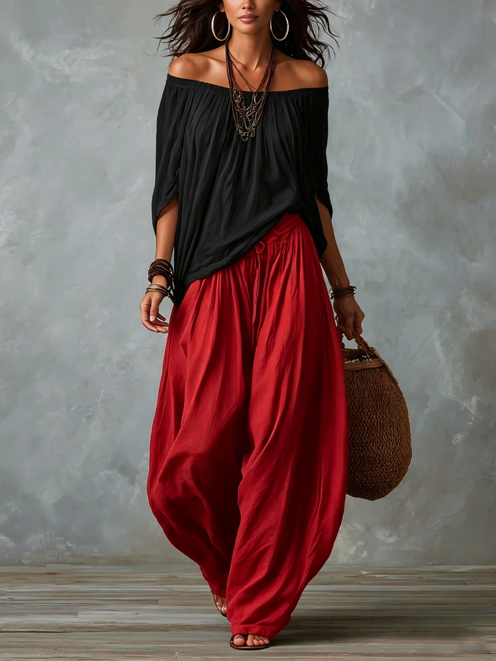 Ella | Top Vit Off-the-shoulder och Vida Lykta Byxor Set