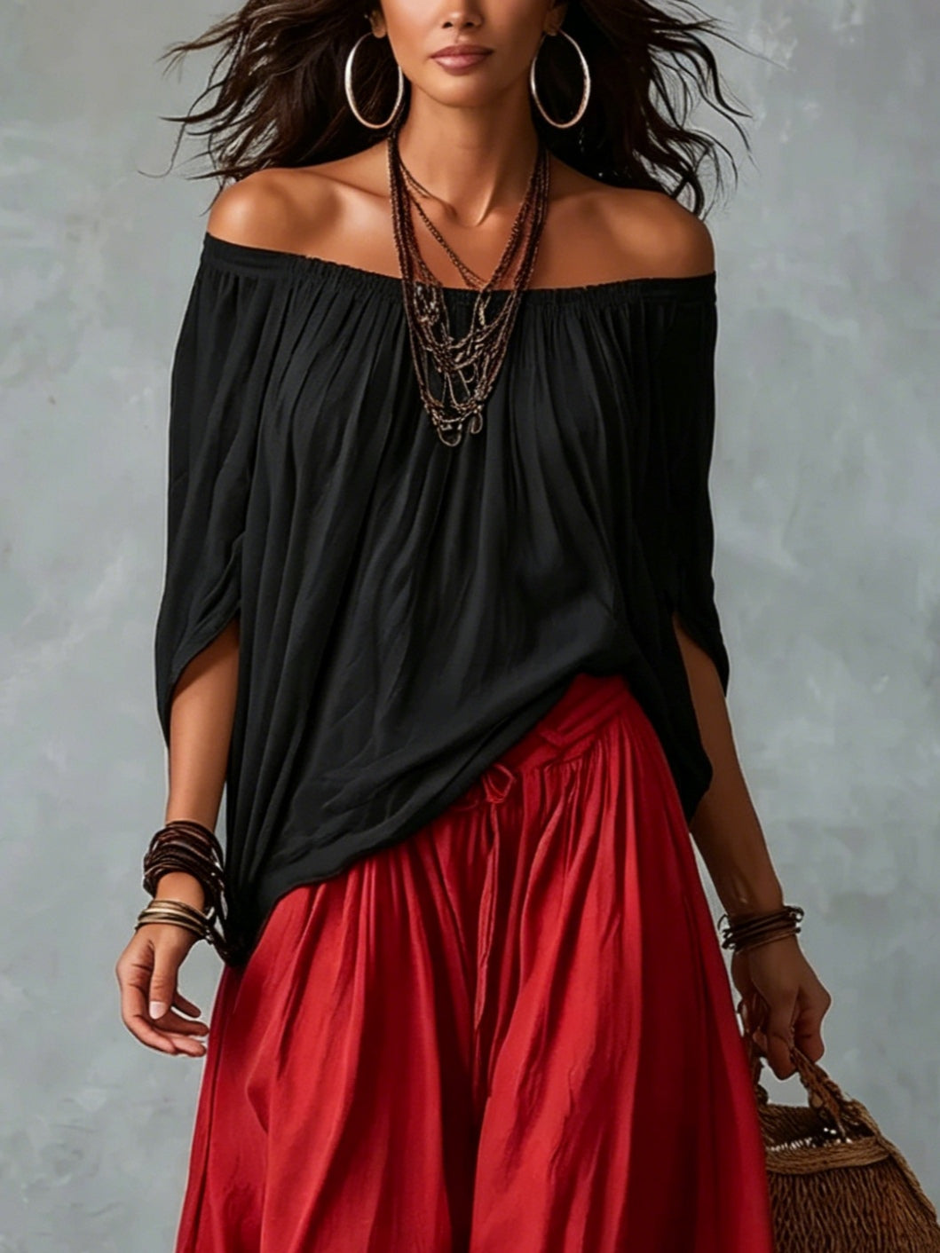 Ella | Top Vit Off-the-shoulder och Vida Lykta Byxor Set