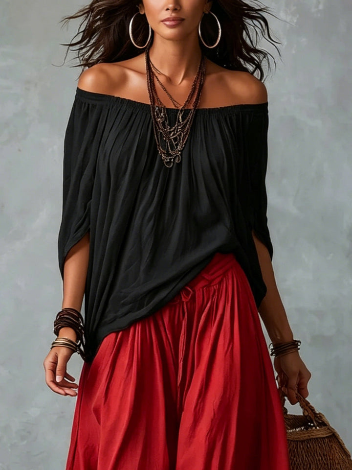 Ella | Top Vit Off-the-shoulder och Vida Lykta Byxor Set