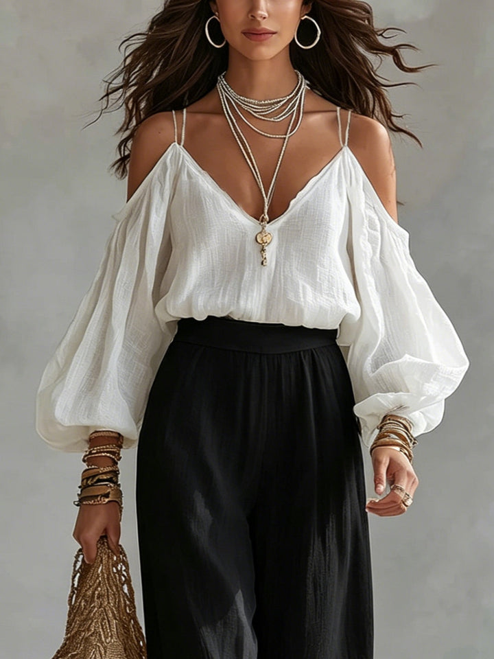 Wilma | Vit Off-the-Shoulder Tank Top och Svarta Vida Byxor