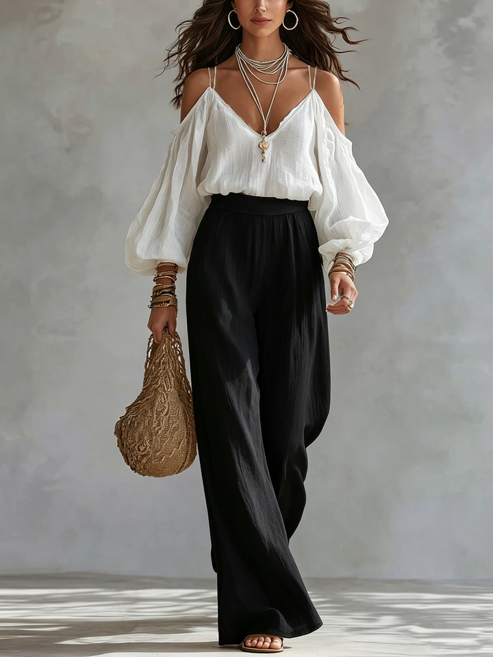 Wilma | Vit Off-the-Shoulder Tank Top och Svarta Vida Byxor
