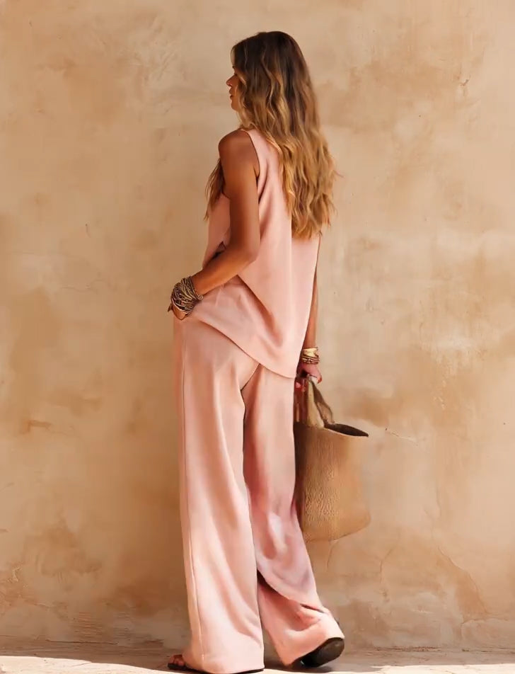Sasha | Set Casual Top Ärmlös Rosa En-Skaft och Byxor