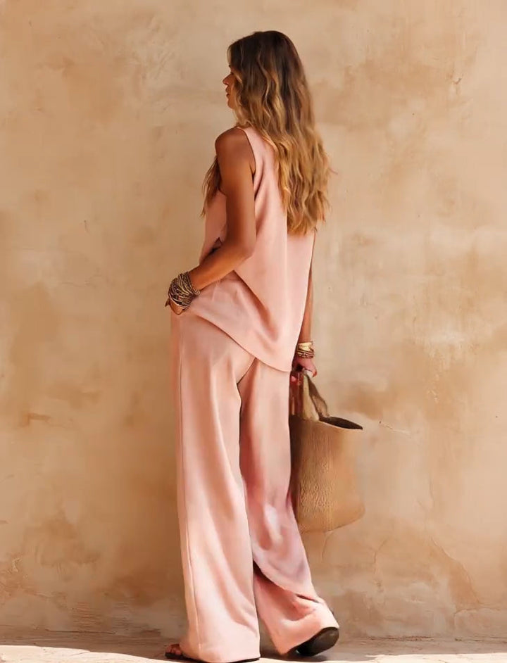 Sasha | Set Casual Top Ärmlös Rosa En-Skaft och Byxor