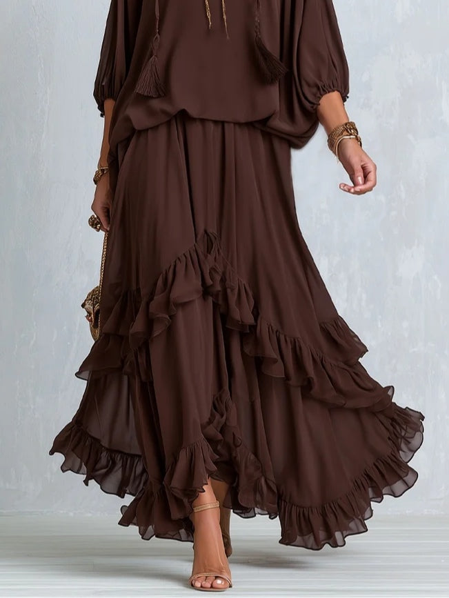 Ondine | Brun Chiffon Top med Fransar och Utsvängd Kjol