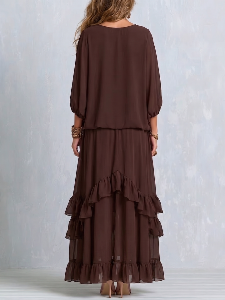 Ondine | Brun Chiffon Top med Fransar och Utsvängd Kjol