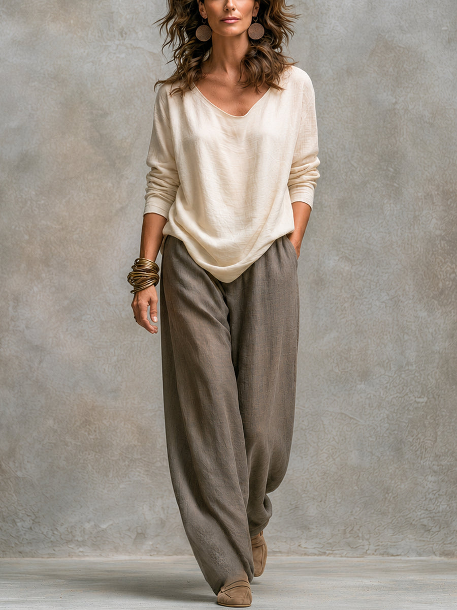 Clarissa | Komplett elegant tre-delad beige-grå avslappnad outfit med vida byxor